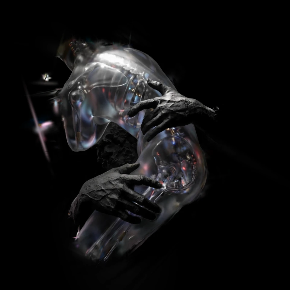 A translucent figure held by dark stone hands.